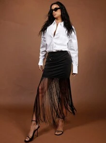 COSMINA Falda con flecos negra elegante para mujer, primavera/verano - Negro - Ver 3