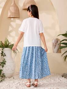 SHEIN 2 Stücke/Set Tween Mädchen Rundhals Kurzarm Grafik Muster lässiger Top und Rock Outfit - Blau - Übersicht 2