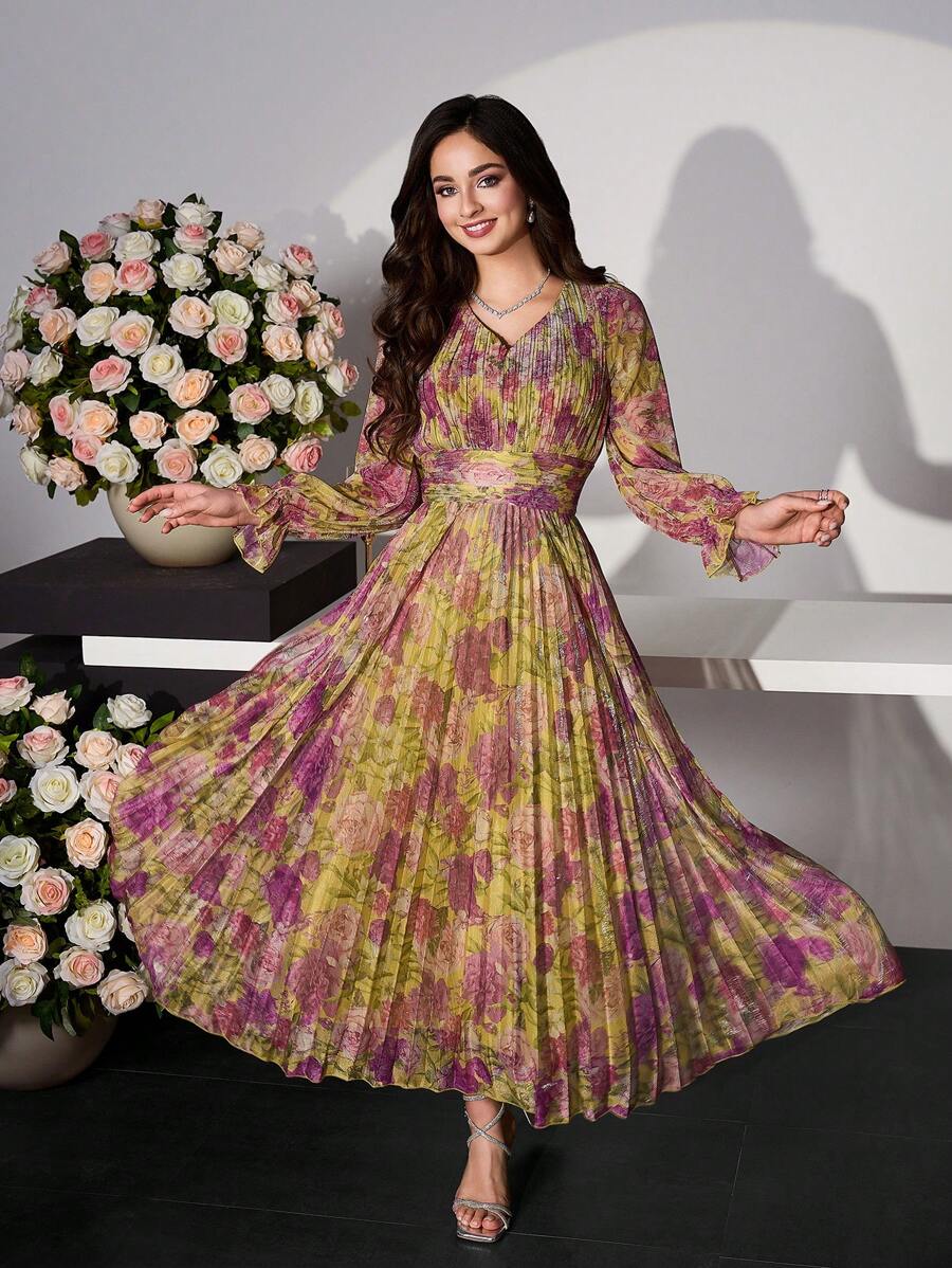 Modelyn 女式优雅修身花卉印花休闲长裙 - 橄欖綠 - 查看 1