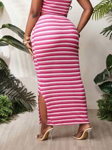 BamGleam Women's Rose Multi-Colored Striped Fabric Holiday Long Skirt - Hot Pink - View 2