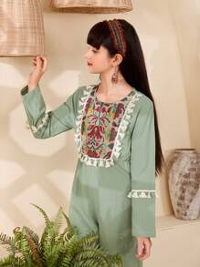 Tween Girl Solid Color Patchwork Fringe Decor Long Sleeve Casual Jumpsuit - Green - View 4