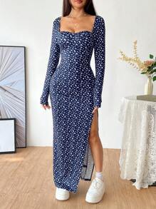 SHEIN Unity Leopard Print Square Neck Long Sleeve Split Hem Maxi Dress, Autumn/Winter Casual Daily Outfit Fall Cloth For Women - Multicolor - View 5