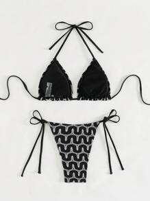 Swim SXY Springbreak 女士夏季海滩性感吊带波浪钩针系带侧边泳衣套装，节日波西米亚风格 - 黑與白 - 查看 5