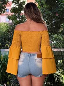 Flirla 大码女式节日纯色露肩喇叭袖衬衫 - 黃色 - 查看 6