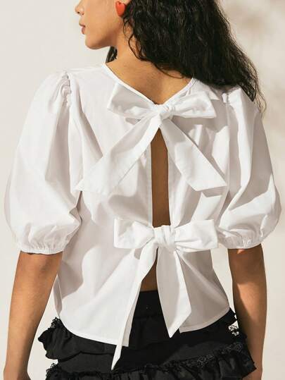 Easelle 夏季女式波西米亚风格牛仔复古纯色后背系带短袖休闲短款衬衫