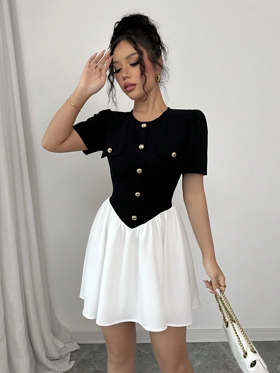 Elenzga Black & White Color Block Dress With Metal Buckle Decor - Black and White - View 1