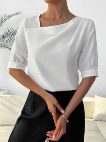 Calvaya Casual Commuter Fashion Oblique Neckline Short Sleeve Blouse