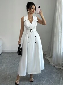 Elenzga Women's Elegant French Style Casual/Vacation/Commute Solid Color Notched Collar, Double-Breasted, Cinched Waist Long Dress, Sleeveless, A-Line, Spring/Summer
