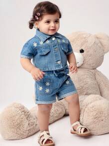 Set 2 Potong Denimly Baby Girls Fashion Motif Bunga Lucu Pinggang Elastis Dekorasi Pita Denim Cuci - Medium Wash - View 6
