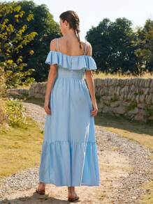 Aveloria Rosie Französisches elegantes Resort Sexy Spaghetti-Träger Off-Shoulder Kleid mit Rüschensaum, Bogen-Volants und Jacquard-Stoff, figurbetonter Schnitt für Damen