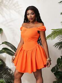 BamGleam Vestido corto casual minimalista de mujer de unicolor con volantes - Naranja Quemada - Ver 5