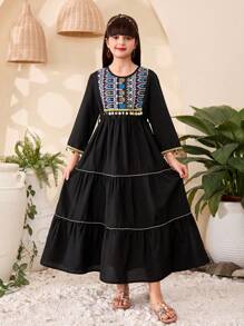 Tween Girl' Solid Color Splice Round Neck Long Sleeve Casual Shift Dress - Black - View 5