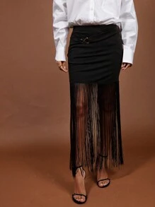 COSMINA Falda con flecos negra elegante para mujer, primavera/verano - Negro - Ver 4