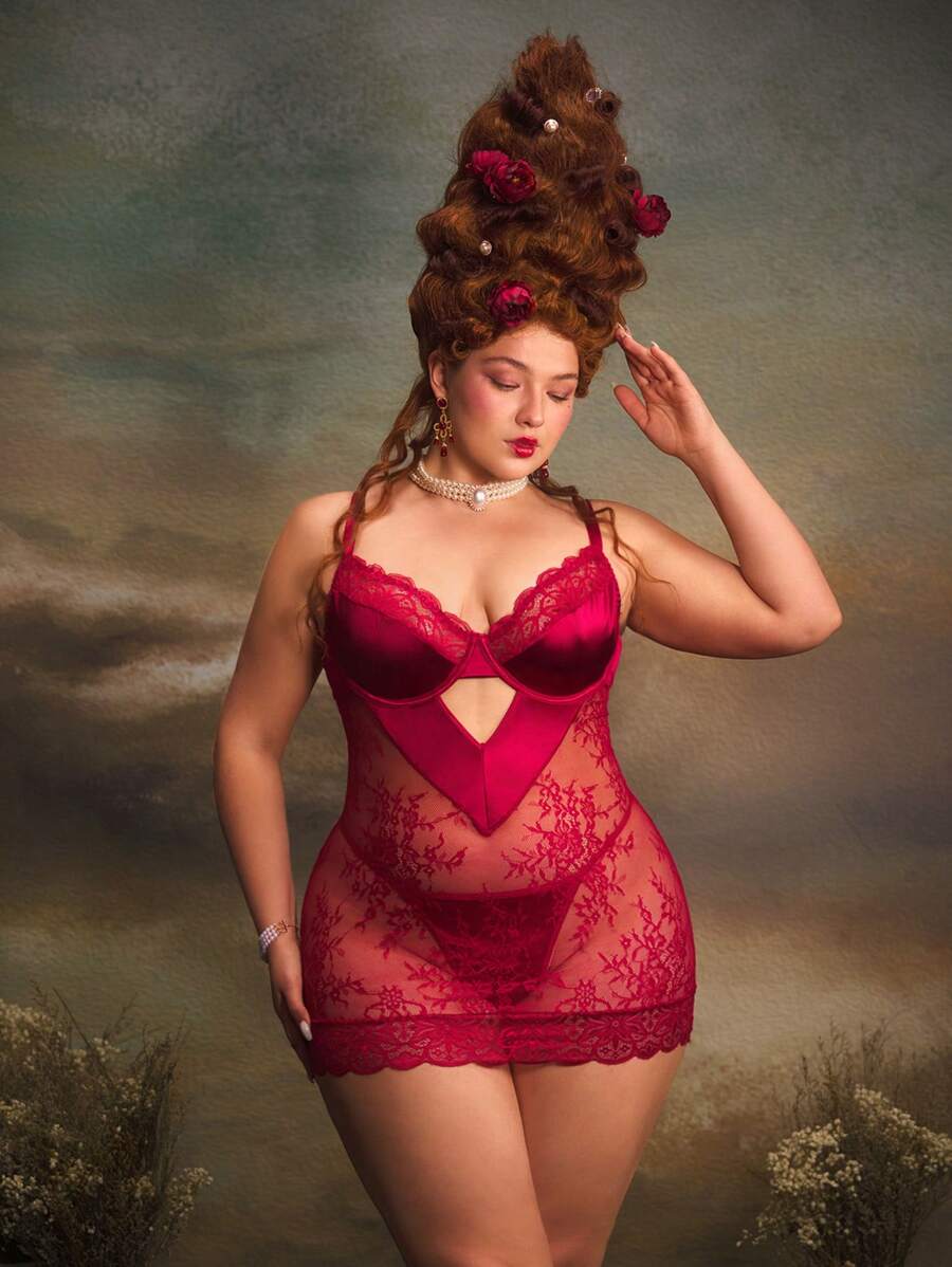 Bộ đồ lót ren hở lưng gợi cảm quyến rũ 2 mảnh cổ điển + quần lọt khe, ren chắp vá, đồ lót cỡ lớn - Màu Đỏ Sâu - Xem 1