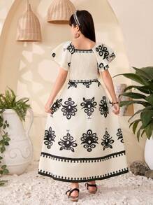 SHEIN 2 件套 Tween Girls 方领短袖印花简约上衣和裙子