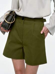 SHEIN Clasi 女式休闲优雅军绿色斜口袋和褶皱直筒短裤 - 軍綠色 - 查看 1