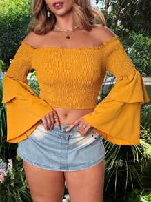 Flirla 大码女式节日纯色露肩喇叭袖衬衫 - 黃色 - 查看 2