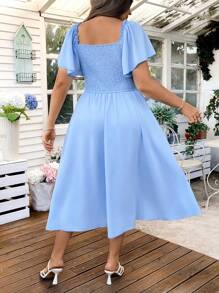 Flirla Robe longue élégante pour vacances/fêtes/mariage, style boho avec manches à volants, tissage jacquard, pour femmes grandes tailles, pour l'été - Bleu azur - Voir 4