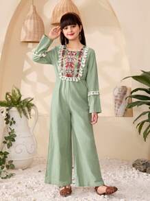 Tween Girl Solid Color Patchwork Fringe Decor Long Sleeve Casual Jumpsuit - Green - View 7