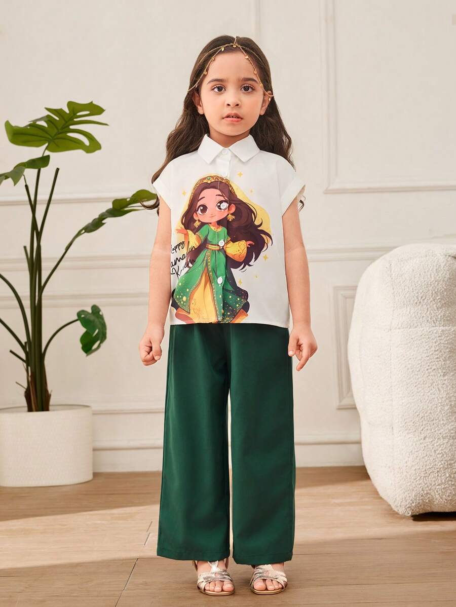 SHEIN 2 件套年轻女孩印花衬衫和松紧腰带休闲裤，可调节腰带设计 - 彩色 - 查看 1