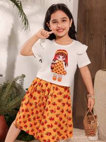 2 件套少女卡通印花圆领短袖上衣和褶皱蝴蝶印花裙 - 黃色 - 查看 3