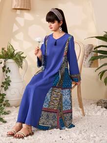 青少年女孩休闲简约时尚长袖日常连衣裙 - 藍色 - 查看 4