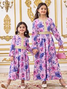SHEIN DRMZ Young Girl's Spring/Summer Matching Family Vacation, Vintage Rose Ditsy Floral Mixed Print Long Sleeve A-Line Dress, With Golden Woven, Matching Family Vacation Casual Long Sleeve National Ditsy Floral Print Dress, Mom And Daughter & Sisters Matching.