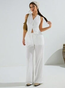 Athîral Top sans manches casual femme à boutons avec texture de couleur unie - Blanc - Voir 5