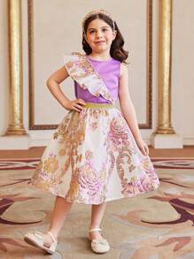 SHEIN Conjunto de 2 piezas de top sin mangas morado y falda con volantes a juego para niñas, atuendo elegante para fiestas, apropiado para salir, reuniones familiares y cumpleaños