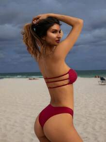 SHEIN Swim Beach Wear For Women Elegant Solid Color Strapless Gold Decor U-Neckline Open Back Outfit For Summer Beach Vacation