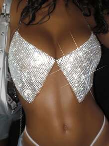 EgrlEra Top de cache-maillot dos nu avec col ras-du-cou serti de strass pour femmes, tenue de festival de musique 2025, pour vacances d'été à la plage