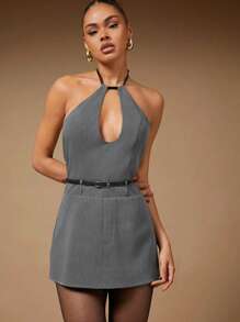 Hauture Summer Dark Grey Seksi Chic Club Night Halter Cutout Backless Romper For Women,Fashionable Solid Casual Jumpsuits For Parties,Concerts & Old Money - Grey - View 1