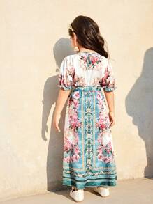 Young Girl Floral Print Tie Front Patchwork Short Sleeve Dress