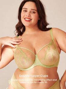 LUVLETTE Sujetador minimalista de malla verde, de encaje floral, sin relleno y transpirable, de cobertura completa para lencería y loungewear de talla grande