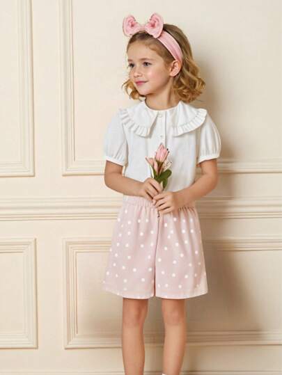 SHEIN French Retro Style Girls 2pcs Set, Ruffled Collar Blouse + Polka Dot Shorts, Sweet & Simple, Spring/Summer