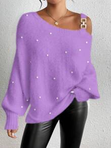 Calvaya Women's Fashion Embellished Asymmetric Shoulder Long Sleeve Pullover Sweater, Autumn/Winter