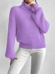 Chiquease Women's Solid Color Pullover Sweater, Simple Style, Casual Everyday Wear - Mauve Purple - View 6
