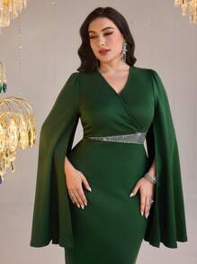 Modelyn Plus Size Elegant Party Rhinestone Decor Cape Sleeve Dress - Dark Green - View 1
