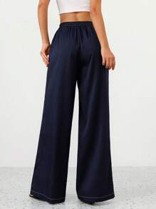 SHEIN Privé Women's Loose Fit Casual Pants With Color Block Design, Blue With White Stripe Fall Cloth For Women