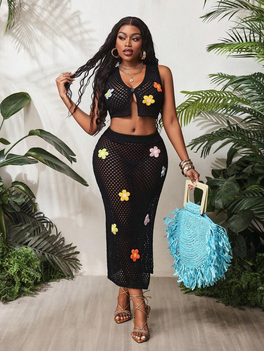 BamGleam 女款针织镂空花朵无袖开衫露腰长裙毛衣套装钩针2件套 - 黑色 - 查看 1