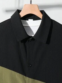 SHEIN Leap Crew 2pcs/Set Teen Boy Summer Casual Holiday Patchwork Collar Top Short Sleeve Shirt And Loose Elastic Waist Shorts Set, For Commuting, School, Daily, Holiday, Sports, Spring/Summer/Autumn/Winter Seasons - Black - View 5