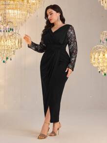Modelyn Plus Size Elegant Party Sequin & Mesh Splice Wrap Dress - Navy Blue - View 4