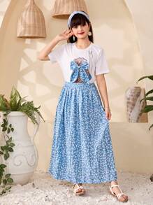 SHEIN 2 Stücke/Set Tween Mädchen Rundhals Kurzarm Grafik Muster lässiger Top und Rock Outfit - Blau - Übersicht 6