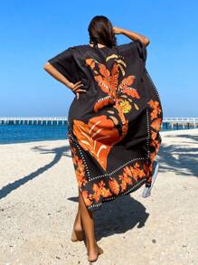 SHEIN Swim Saída de praia feminina casual com fenda lateral e quimono longo com estampa floral, estilo festival boêmio, férias de verão na praia