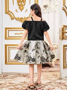 SHEIN Leap Crew Conjunto de 2 piezas para niñas preadolescentes con top sin mangas con hombros descubiertos con gran lazo decorativo y falda plisada con elegante estampado floral jacquard negro y dorado, vestido de niña de las flores, apto para fiesta, vuelta al colegio, elegante y estilo francés princesa - Negro - Ver 15