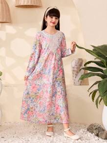 女童扎染花卉印花连衣裙，蓝色和粉色 - 粉色 - 查看 4