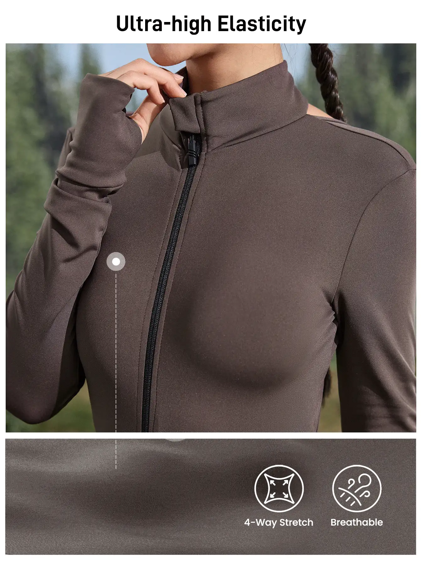 Women's Solid Color Zipper Partial Collar Neck Long Sleeve Sports Jumpsuit - Brown - View 2