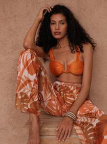 Swim Oasis Springbreak 3Pcs Women's Summer Holiday Solid Textured U-Neck Backless Top & High-End Printed Mesh Beach Pants Swimwear Set, Festival Boho - Multicolor - View 2