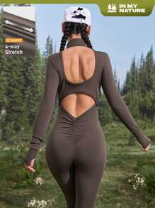 Women's Solid Color Zipper Partial Collar Neck Long Sleeve Sports Jumpsuit - Brown - View 7