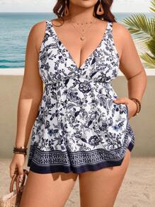 Swim Lushoire Plus Size 2pcs/Set Floral Random Retro Print Cross Front Adjustable Strap Dress & High Waist Swim Shorts, Elegant Ladies Beach Summer Vacation Swimsuit Set - Multicolor - View 5